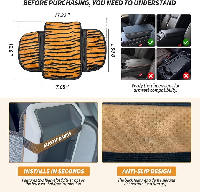 Plush Animal Print Car Center Console Cover with Side Pockets, Fluffy Armrest Cushion Pad.,Soft Car Interior Accessories with Storage for Women. Universal Fit for Vehicles SUV Truck (Tiger Print) - Image 7