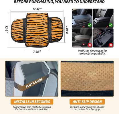 Plush Animal Print Car Center Console Cover with Side Pockets, Fluffy Armrest Cushion Pad.,Soft Car Interior Accessories with Storage for Women. Universal Fit for Vehicles SUV Truck (Tiger Print) - Image 7