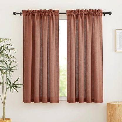 RYB HOME Linen Textured Semi Sheer Curtains 63 inches Long for Living Room | Half Privacy, Light Filtering, Faux Linen Blend, Office Nursery Dorm Bathroom, Terracotta, W52 x L63 - Image 2