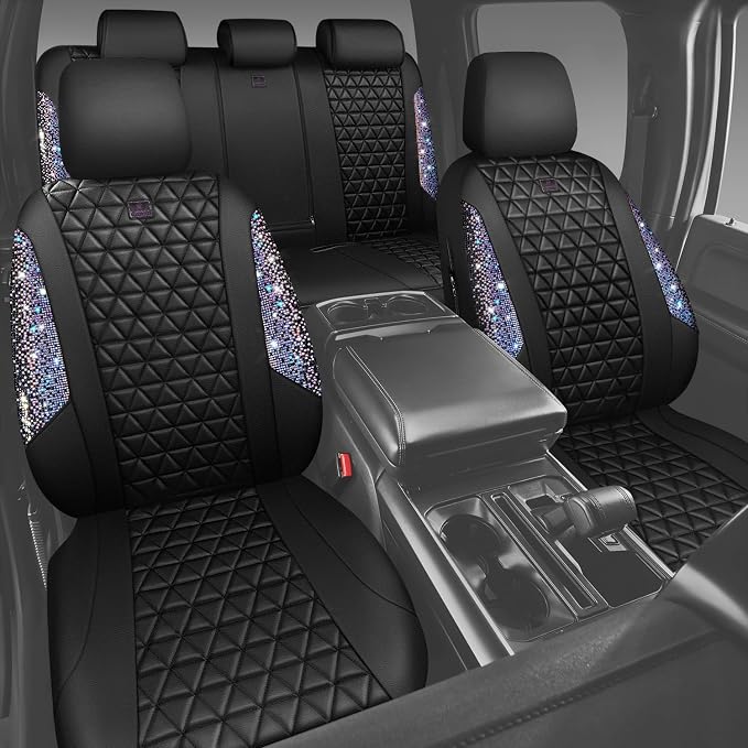 CAR PASS Bling Diamond Black Leather Car Seat Covers Full Set Interior Sets, Waterproof Shining Glitter Sparkly Crystal Armrest Fit Automotive Truck SUV Cute Women Girl, Bedazzed Iridescent Rhinestone - Image 8