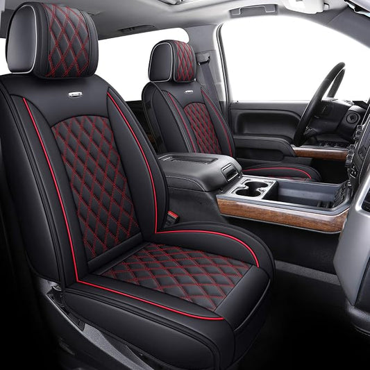 Chevy Silverado GMC Sierra Front Seat Covers 2007-2026 1500 2500HD 3500HD | Aierxuan Custom Fit Chevrolet Truck Pickup Crew Double Extended Cab Waterproof Leather Protectors 2 PCS Black-Red - Image 2