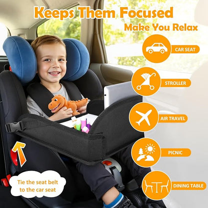 Kids Travel Tray for Car Seat, Road Trip Activities, Black | With 16.7" x 13.4" Smooth Dry Erase Board, Cup holders, Ddjustable Strap & Shoulder Carry Strap - Image 6