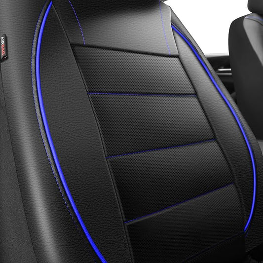 CAR PASS Universal FIT Piping Leather Two Front Seat Covers, Waterproof Faux Leather for SUV Sedan Van Truck, Airbag Compatible,Reserved Opening Holes for Headrest Covers. (Black and Blue) - Image 2