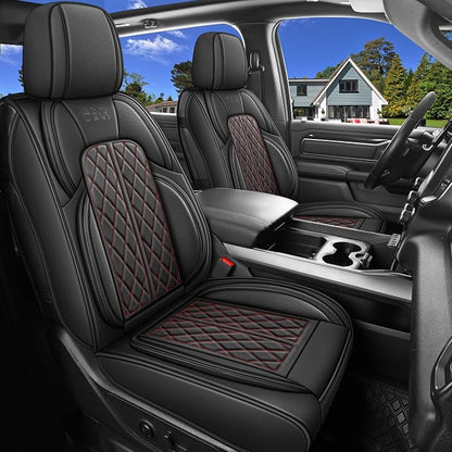 Car Seat Cover Custom Fit for Dodge Ram 1500 2500 3500 2002-2026 Faux Leather Seat Cover Set Compatible with Crew Quad Regular Cab Pickup Truck Cushions (Black Redline, Full Set, Curved Rear) by DuDuWang