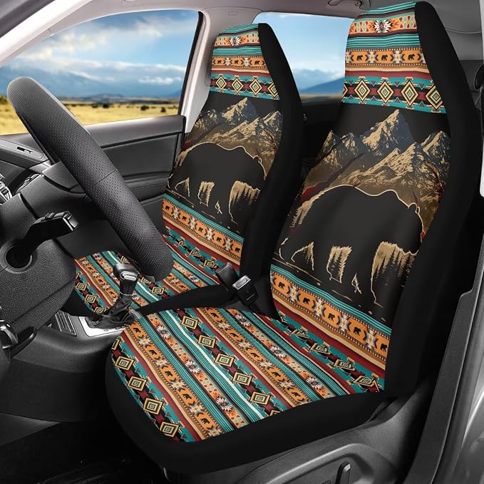 Two Front Car Seat Covers Forest Bear Navajo Bear Automotive Car Interior Covers Vehicle Cushion Seat Cover Set Universal Fit for Cars Trucks and SUVs - Image 2