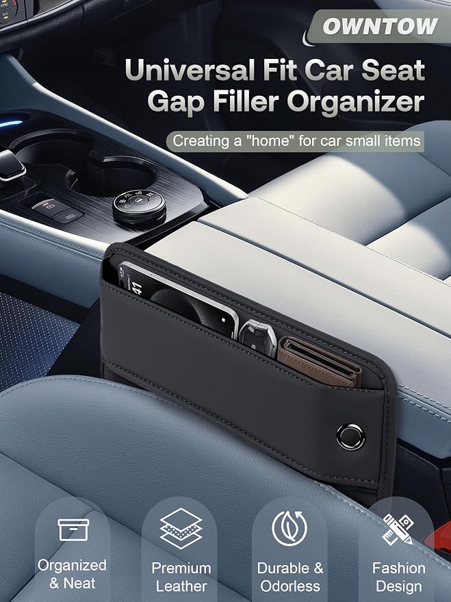 Premium Leather Car Seat Gap Filler Organizer (0.2”-1.2" Gaps), Clever Gifts for Car SUV Truck Owners (Black, 2 Pack) - Image 2