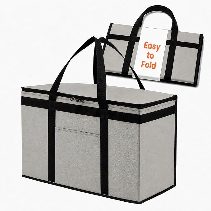 NZ home Insulated Food Bag, Portable Cooler Tote (2XL, Gray, 1 Pack) | Large thermal bag, For cold & hot food, Soft sided cooler, Heavy duty carrier, Grocery shopping, Food delivery, Catering bag by NZhome