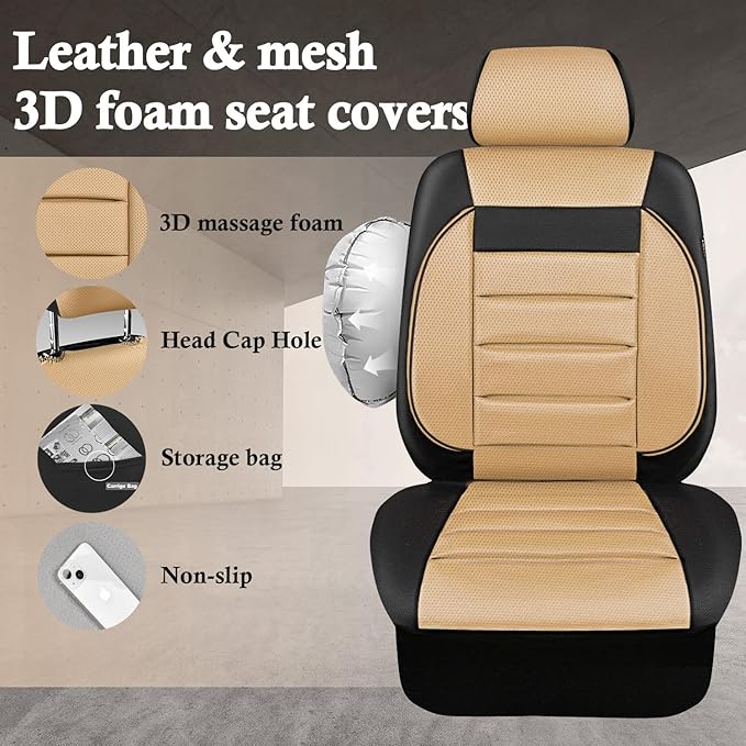 CAR PASS Faux Leather Car Seat Covers Front Seats Only, 3D Foam Support Car Seat Covers, Universal fit for Trucks Vans SUVs Sedans Automotive Comfortable, Airbag Compatible 2 Pieces Front Black Beige - Image 3