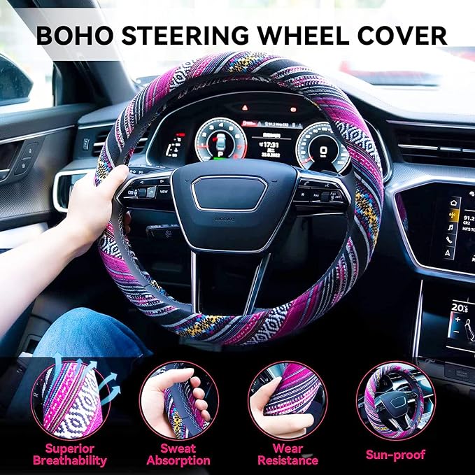 Boho Steering Wheel Cover Elastic Microfiber for Women, Universal Fit 15 inch Car SUV, Hippie Style Protector Cover, Anti-Slip, Breathable, Absorbing Sweat - 03 - Image 2