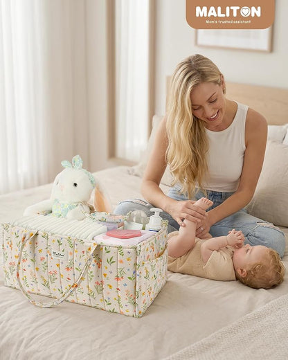 Maliton Diaper Caddy Organizer with 2 Side Pockets, Portable, Spring Floral | with Handle and Removable Dividers, Nursery Storage Basket, Car Organizer for Diapers & Wipes. Boy & Girl Shower Gift - Image 2