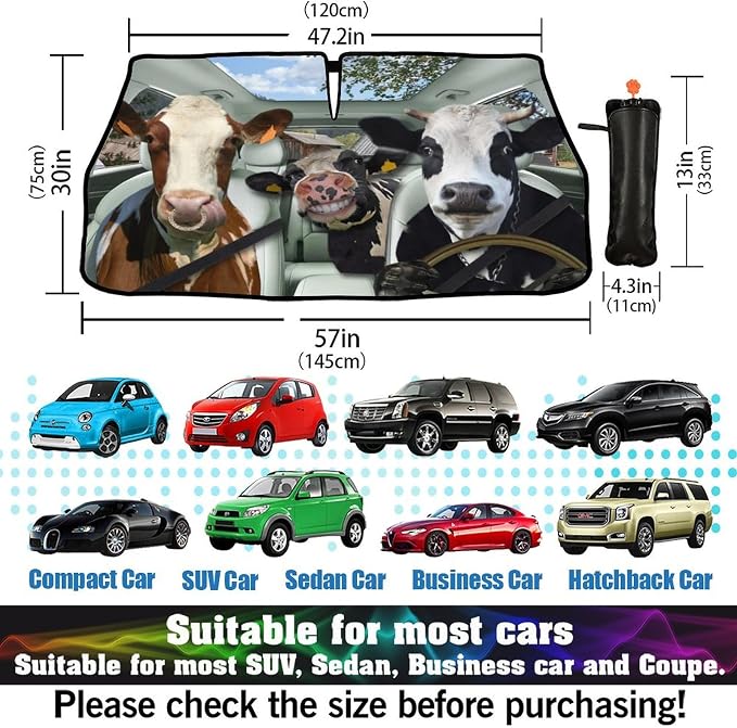 Socira Cow Car Windshield Sunshade Umbrella Foldable Cattle Umbrella | Driver Sun Shade Windshield Cover Funny Sunshade Cow Car Accessories Blocks Uv Rays Keeps Cool (57" X 30") - Image 4