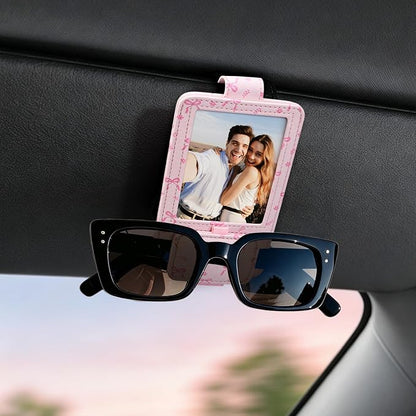 Sunglass Holder for Car, 2 in 1 Sunglass Visor Clip with Photo Frame | Leather Cloth, Magnetic Interior Car Accessories, Holds Paper Tickets, Universal Visor Fit, Custom Photo Slot, Pink by Unknown