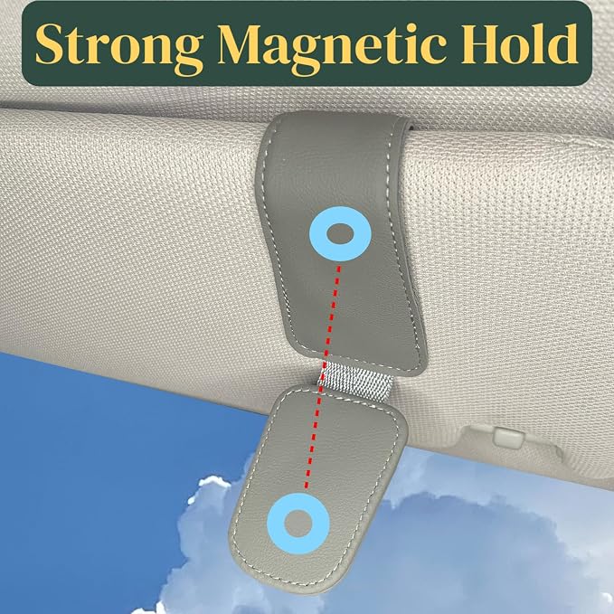 Magnetic Visor Sunglasses Holder, Leather Eyeglass Clip for Car(Grey) | Securely Clips Sunglasses on Car Visor, One-Handed Operation, Car Travel Essentials for Long Trips - Image 2