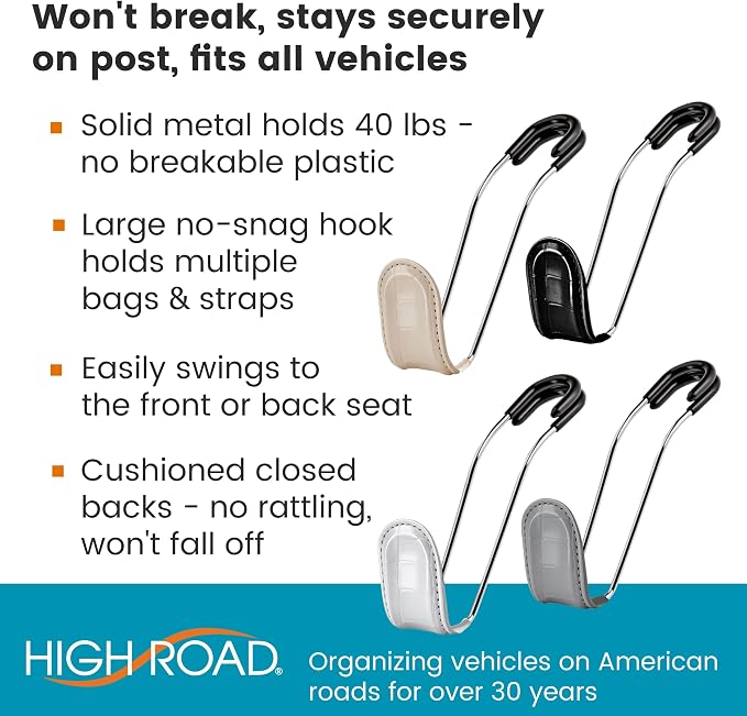 High Road Car Hooks for Purses and Bags with Faux Croc Leather - Unbreakable Car Seat Hooks for Large Purse Straps and Bags up to 40 lbs - Secure Attachment Fits All Metal Headrest Hook Posts, 4-Pack - Image 2