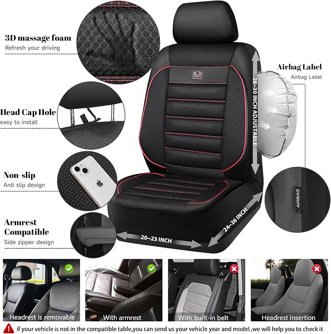 CAR PASS 3D Foam Leather Car Seat Covers Two Front Seats only, Air Mesh Thick Seat Covers, All Weather Car Seat Cover Comfort & Protection for Truck,SUV,Sedan,Van, Airbag Compatible Red - Image 3