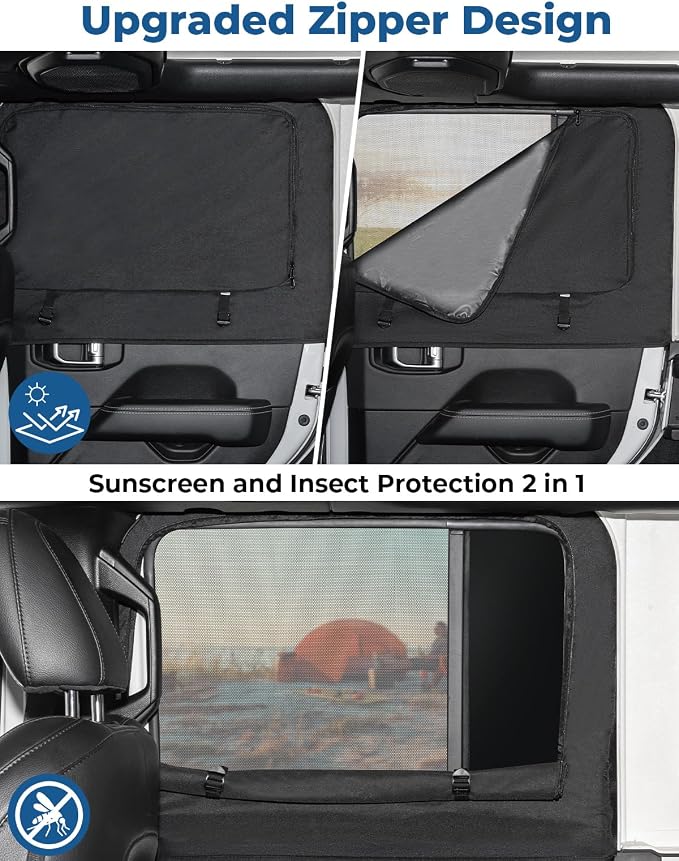 JOYTUTUS Rear Wrangler Side Window Sun Shade Camping Window Insect Screen Compatible with 2007-2026 Wrangler JK JL 4 Doors Gladiator JT, Car Window Covers for Privacy Blackout 2 Pcs - Image 2