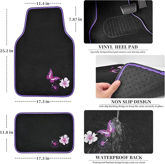 CAR PASS Universal Cloth Butterfly Car Seat Covers Full Set, Embroidered Flower Waterproof Car Floor Mats Carpet, Butterflies Steering Wheel Cover for Car Accessories Interior Sets (Black and Purple) - Image 5