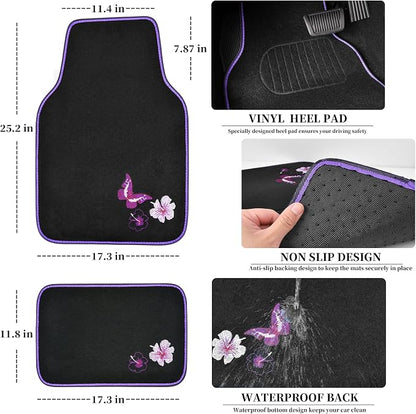 CAR PASS Universal Cloth Butterfly Car Seat Covers Full Set, Embroidered Flower Waterproof Car Floor Mats Carpet, Butterflies Steering Wheel Cover for Car Accessories Interior Sets (Black and Purple) - Image 5