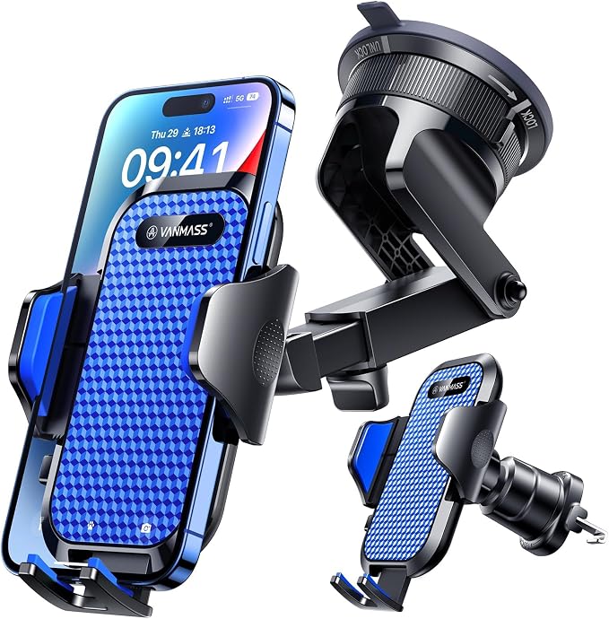 VANMASS [True Military-Grade] Car Phone Holder [Best Suction & Clip] Cell Phone Mount for Dashboard Windshield Vent Truck Cradle Dash Stand for iPhone 15 Pro Max 14 13 12 Android, Blue by VANMASS