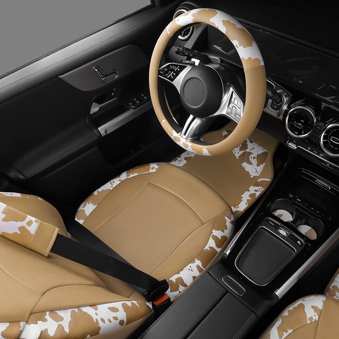 CAR PASS Cow Print Faux Leather Car Seat Covers & Cow Car Mats & Cow Steering Wheel Cover Seat Belt Pads Universal fit for SUV,Van,Saden,Truck Cute Car Accessories Automobile Interior Sets All Beige - Image 2
