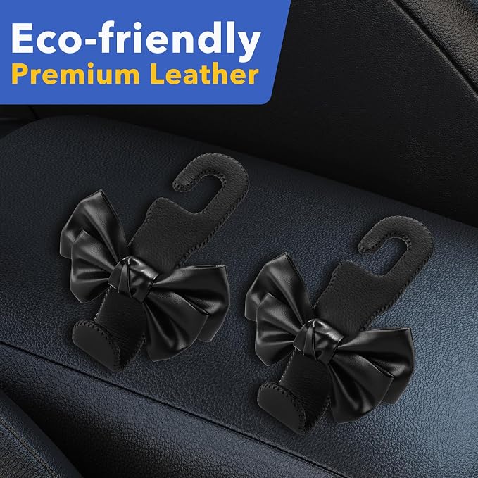 Car Seat Headrest Hooks, Leather Cute Bow Vehicle Hooks for Purses and Bags, Automotive Purse Hook Hanger Interior Decoration Accessories, Universal for SUV, Sedan, Truck (Black, 2 Pack) - Image 6