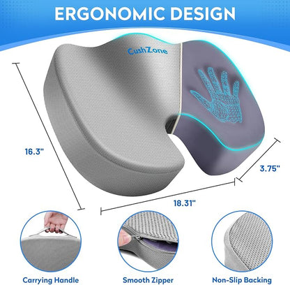 CushZone Memory Foam Seat Cushion for Office Chair & Car, Light Gray | U-shaped Coccyx Cutout, Contoured Design, Breathable Removable Mesh Cover, Non-Slip Base, Carry Handle - Image 2