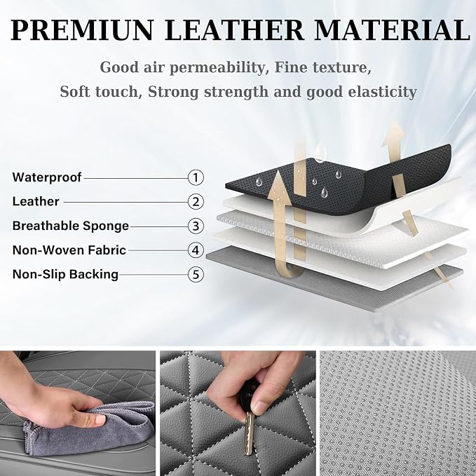 Coverado Leather Car Seat Covers, Waterproof Dooge Ram 1500 Seat Covers Compatible with 2002-2026 Dodge Ram 1500 2500 3500 with Flat Bench (Full Set, Dark Gray) - Image 7