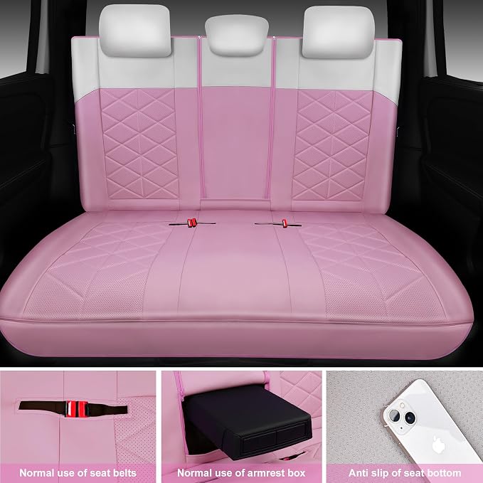 CAR PASS Memory Foam Leather Seat Covers Full Set, Breathable Luxury Perforated Nappa Leather Seat Covers Universal Fit for Car,SUV,Truck Seat Covers Thick 3D Foam Comfort,Airbag Compatible Pink White - Image 8
