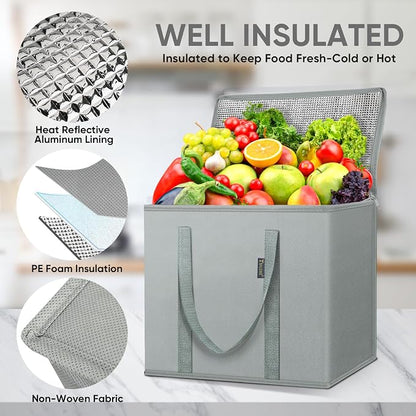 BALEINE 2Pk Insulated Reusable Grocery Bags, Collapsible Cooler Bag for Groceries, Heavy Duty Large Insulated Bag (16''x9''x13'', Urban Gray) - Image 2