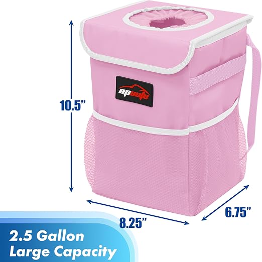 EPAuto Waterproof Car Trash Can with Lid and Pockets, 2.5 Gal, Pink | Leakproof, Collapsible Multipurpose Car Bin with 3 Side Storage Pockets, Adjustable Straps - Image 2
