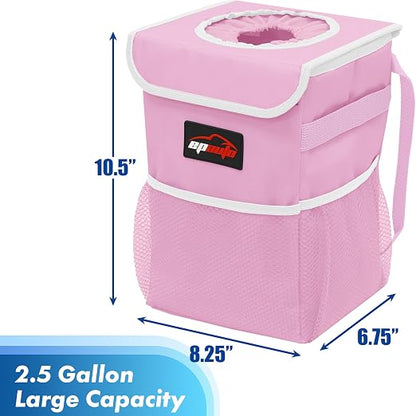 EPAuto Waterproof Car Trash Can with Lid and Pockets, 2.5 Gal, Pink | Leakproof, Collapsible Multipurpose Car Bin with 3 Side Storage Pockets, Adjustable Straps - Image 2