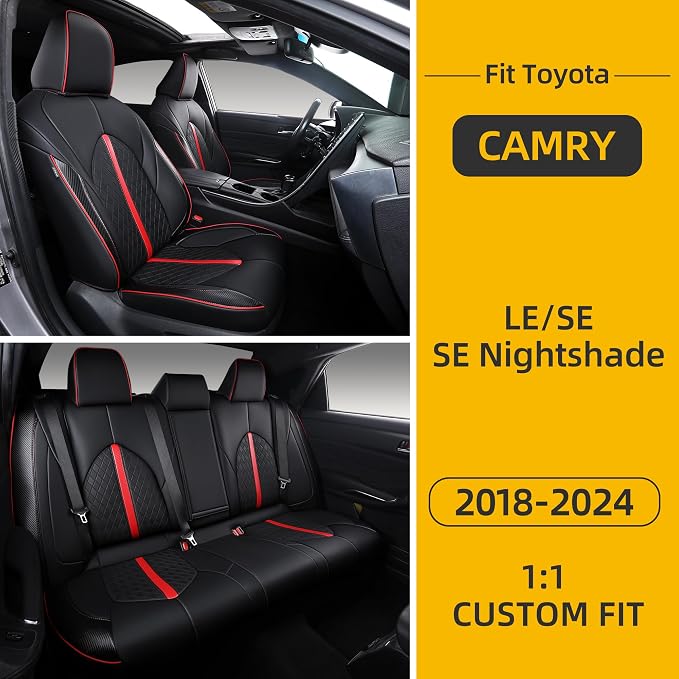 Custom Camry Seat Covers for 2018-2024 Toyota Camry Gasoline - Black+Red | Waterproof Faux Leather Full Coverage, Car Seat Protectors Full Set, Fit Toyota Camry LE SE SE Nightshade, Airbag Compatible - Image 8