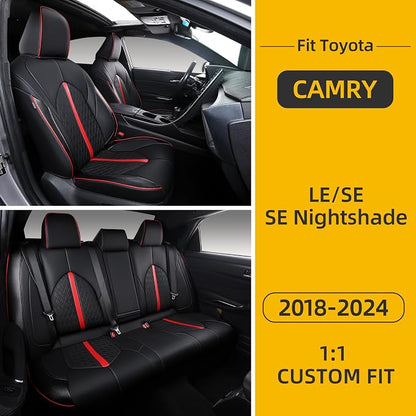 Custom Camry Seat Covers for 2018-2024 Toyota Camry Gasoline - Black+Red | Waterproof Faux Leather Full Coverage, Car Seat Protectors Full Set, Fit Toyota Camry LE SE SE Nightshade, Airbag Compatible - Image 8