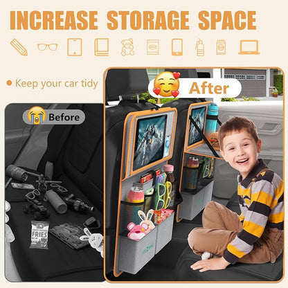 Car Backseat Organizer with Tablet Holder,11 Storage Pockets with Foldable Food Tray, Protector Kick Mats for Kids, Travel Accessories Organizer (Orange, 1Pack) - Image 4