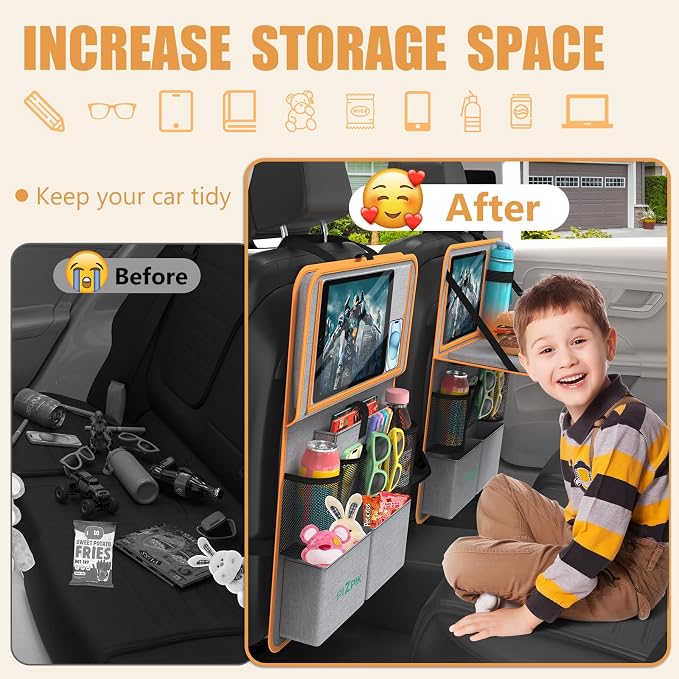 Car Backseat Organizer with Tablet Holder,11 Storage Pockets with Foldable Food Tray, Protector Kick Mats for Kids, Travel Accessories Organizer (Orange, 2Pack) - Image 4