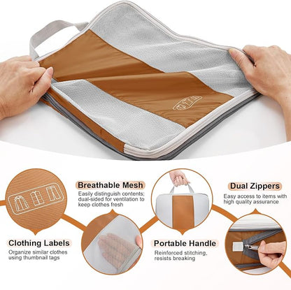 OlarHike 10 Set Compression Packing Cubes for Travel Essentials,Compressible Expandable Space Saver Bags for Organizing Clothes,Luggage Suitcase Garment Bags with Over 1000 pcs Mesh Holes(Brown) - Image 7