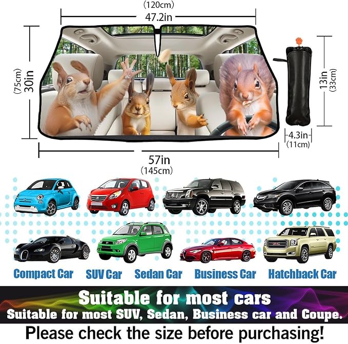 Socira Funny Squirrels Car Windshield Sunshade Umbrella Foldable Visor | Umbrella Sun Shade Cover Funny Animal Sunshade Front Window Cover Squirrels Car Accessories Blocks Uv Rays 57" X 30" - Image 3