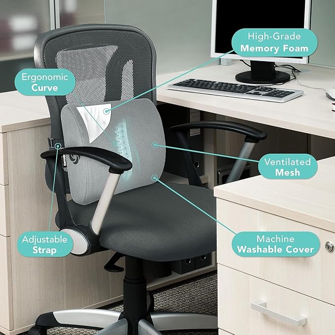 Samsonite Memory Foam Lumbar Support Pillow for Office Chair, Gaming Chair & Car Seat Automotive Use, Ergonomic Back Cushion, Work from Home Essentials, Office Essentials for Sitting Comfort, Grey - Image 6