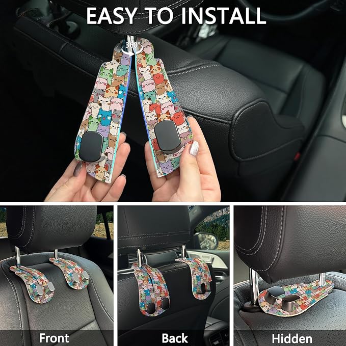 Blusabaca 2PCS Car Seat Headrest Hooks, Purses Bags Holder, Cute Cats | PU Leather, Double Metal Back Storage Hangers for Grocery Bags Handbags Bottles Coats Phones, Car Accessories Organization - Image 6