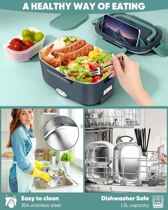 Eocolz Electric Lunch Box Food Heater, Food Warmer 1.5L Portable Heated Lunch Box for Car Truck Work Stainless Steel Fork & Spoon 12/24/110V for Adults Lonchera Eléctrica (gray-blue) - Image 4
