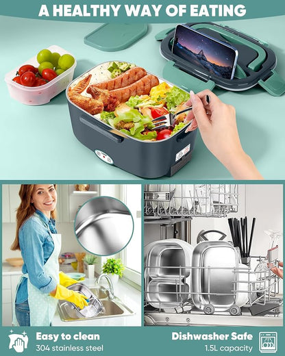 Eocolz Electric Lunch Box Food Heater, Food Warmer 1.5L Portable Heated Lunch Box for Car Truck Work Stainless Steel Fork & Spoon 12/24/110V for Adults Lonchera Eléctrica (gray-blue) - Image 4