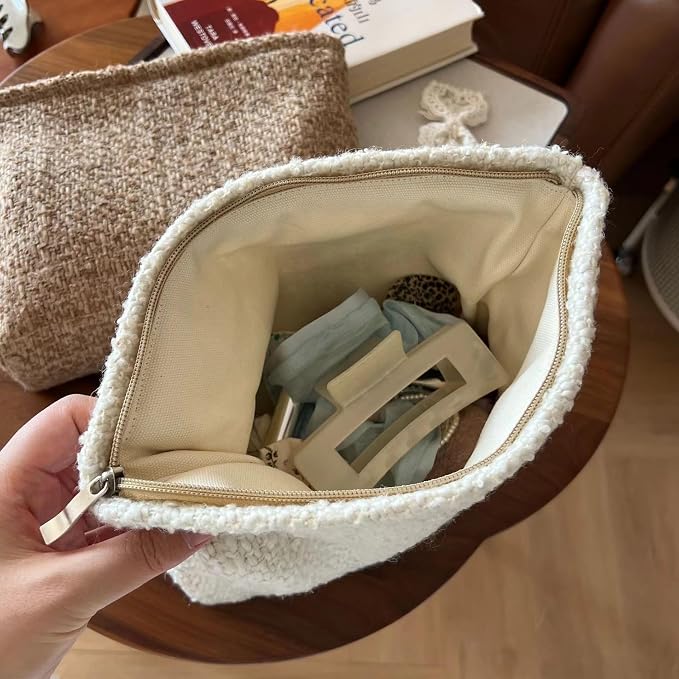RSRSLEII Travel Woven Woolen Makeup Bag, Vintage Toiletry Bag(03Beige Wool) | Aesthetic Portable Cosmetic Bag with Zipper, Cute Makeup Pouch with Canvas Lining, Car Storage Bag for Women and Girls - Image 7
