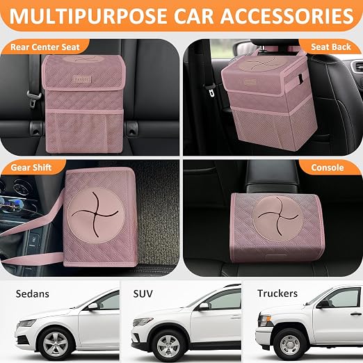 Vankor Car Trash Can with Lid Leak Proof Car Accessories for Women | 2.2 Gallon Cute Hanging Car Trash Bin for Men Car Truck Vehicle Sedan Interior Automotive Garbage Cans, Pink Quilted - Image 5