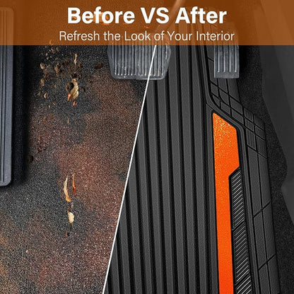CAR PASS Heavy Duty Rubber Car Mats Metallic, Aluminum Film All Weather Floor Mats Waterproof Universal Trim to Fit SUVs Sedans Vans 4 Piece Anodized Deep Dish Two-Tone Sporty Black Orange Chrome - Image 6