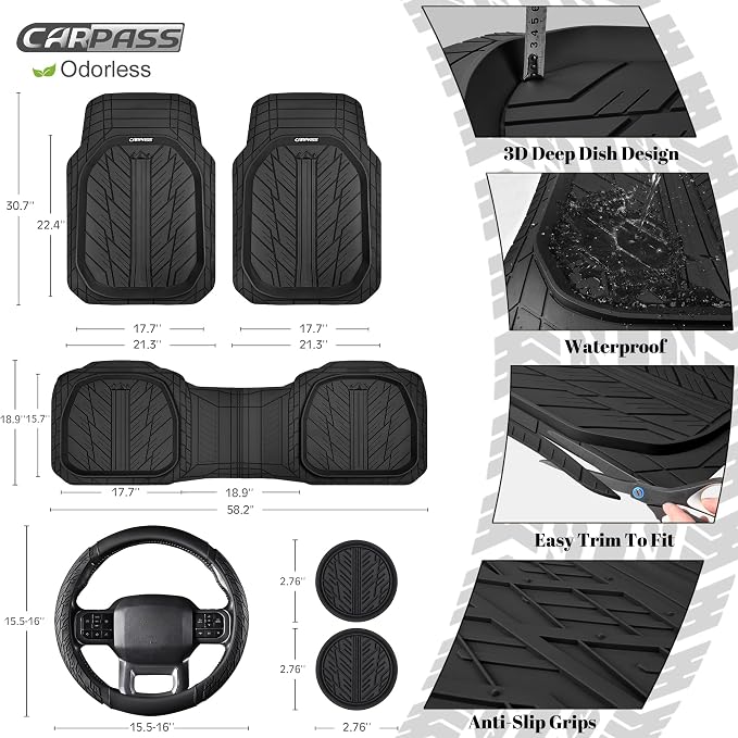 CAR PASS Rubber Leather Steering Wheel Cover Large-Size 15.5-16 Inches Fit for Truck SUV Large Car Ram F150 Tundra 4Runner Tacoma, XXL Heavy Duty Deep-Dish Car Floor Mats, Trim-to-Fit Car Mat Black - Image 3