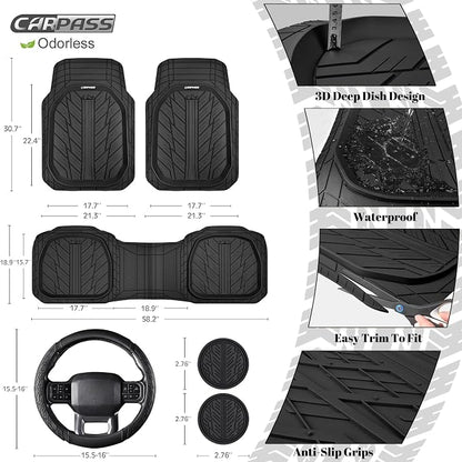 CAR PASS Rubber Leather Steering Wheel Cover Large-Size 15.5-16 Inches Fit for Truck SUV Large Car Ram F150 Tundra 4Runner Tacoma, XXL Heavy Duty Deep-Dish Car Floor Mats, Trim-to-Fit Car Mat Black - Image 3