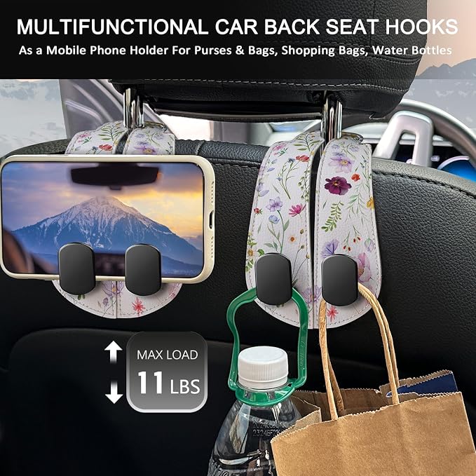 Blusabaca 2PCS Car Seat Headrest Hooks, Purses Bags Holder, Flowers Floral | PU Leather, Double Metal Back Storage Hangers for Grocery Bags Handbags Bottles Coats Phones, Car Accessories Organization - Image 3