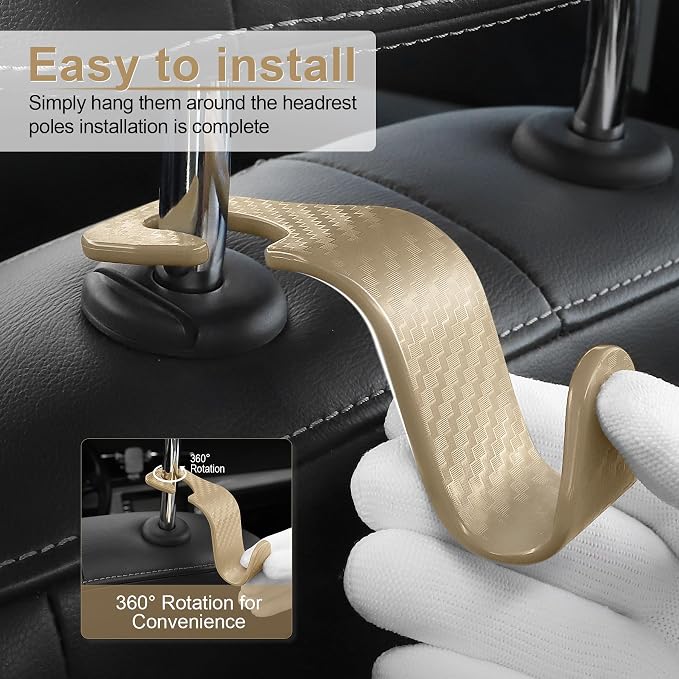 LivTee Car Purse Hook, Headrest Hook for Car, 4 Pack Universal Auto Car Seat Headrest Hook Hangers Organizer for Purse Coat Umbrellas Grocery Bags Handbag, Car Accessories - Carbon Fiber Beige - Image 4