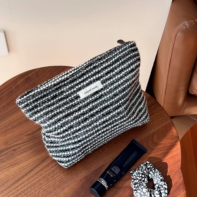 RSRSLEII Striped Travel Makeup Bag, Cute Toiletry Bag (10Black Stripe) | Aesthetic Portable Cosmetic Bag with Zipper, Vintage Makeup Pouch with Canvas Lining, Car Storage Bag for Women and Girls - Image 4