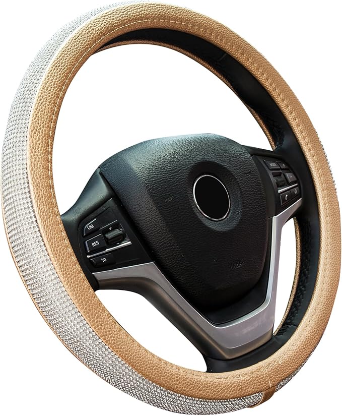 New Diamond Leather Steering Wheel Cover with Bling Crystal Rhinestones | Universal Fit 15 Inch Car Wheel Protector for Women Girls Gold by ChuLian